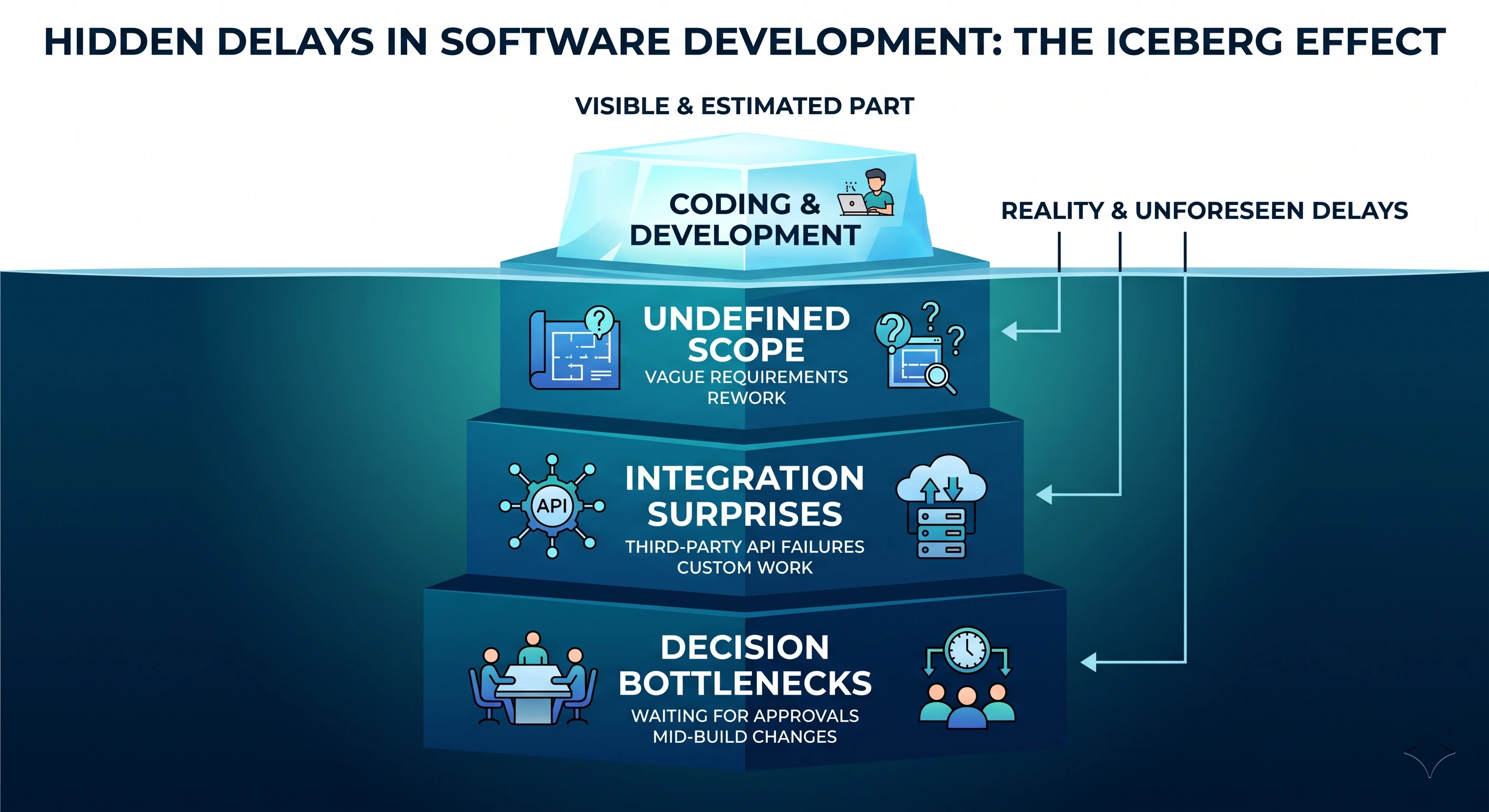 Scope creep, integration surprises, and decision bottlenecks stretch timelines more often than slow coding
